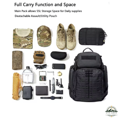 72 Hours Survival Akmax 1000D Tactical Backpack MOLLE 3L Hydration Military Rucksack for Camping/Hiking/Survival Black