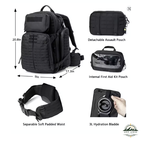 72 Hours Survival Akmax 1000D Tactical Backpack MOLLE 3L Hydration Military Rucksack for Camping/Hiking/Survival Black